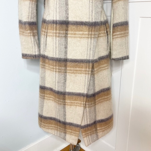 BCBGeneration Wool Belted Plaid Wrap Coat Tan Cream Winter Peacoat Small New - Picture 10 of 16